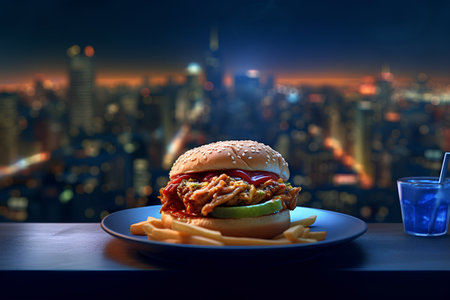 Delicious hamburger with french fries on the background of the night cityの素材