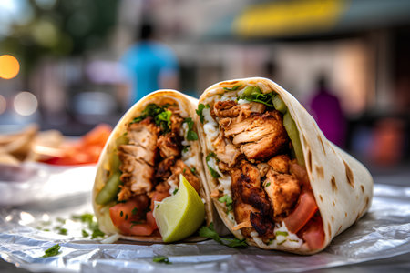 Traditional mexican tacos with chicken, vegetables and cheese on the tableの素材