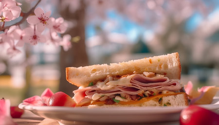 Sandwich with ham, cheese, tomatoes and mayonnaise on the tableの素材