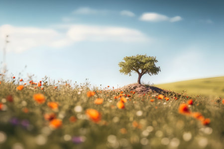 Lonely tree on the meadow with poppies.の素材