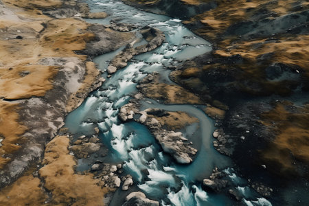 Aerial view of a mountain river in Iceland with snow and iceの素材