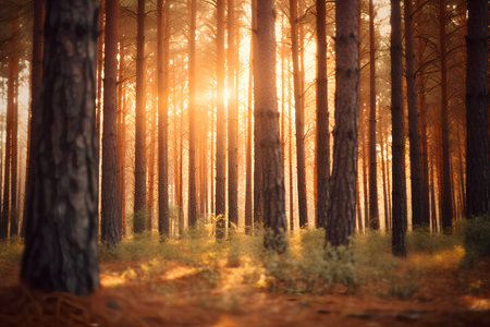 Beautiful autumn forest with sunbeams. Vintage style toned pictureの素材