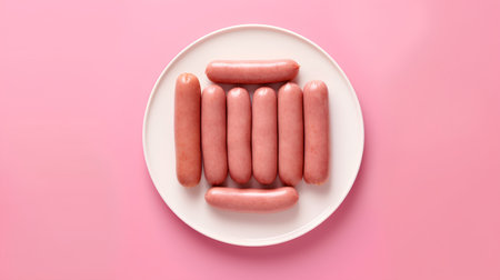 Top view of sausages on white plate on pink background.の素材