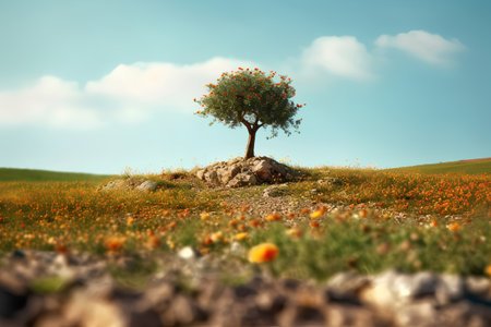 Tree on a meadow full of poppies. 3d renderの素材
