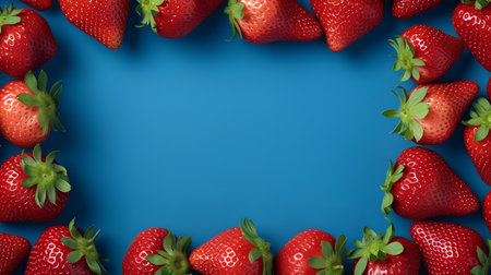 Creative layout made of fresh strawberries on blue background. Flat lay, top view.の素材