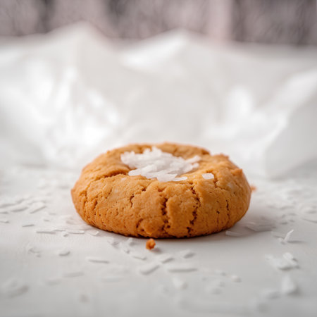 Cookies with coconut flakes on a white background. Selective focus.の素材