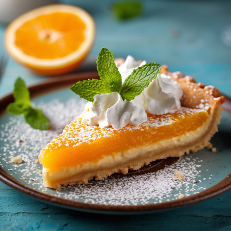 Piece of orange cake with whipped cream and mint on blue backgroundの素材