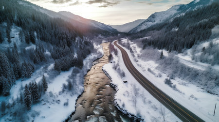 Aerial view of winter road in the mountains. Carpathians, Ukraineの素材