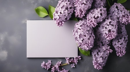 Purple lilac flowers with blank card on dark background. Flat lay, top viewの素材