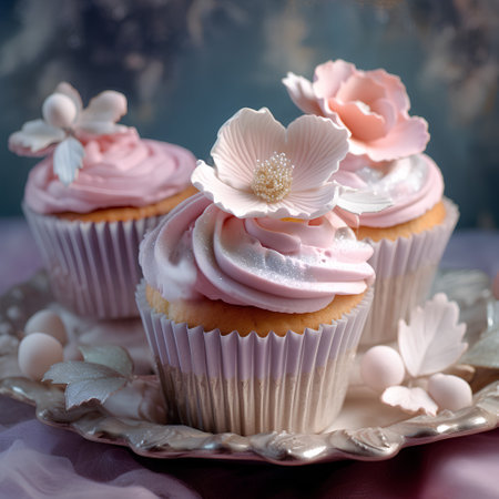 Cupcakes with pink buttercream frosting and flowers on vintage backgroundの素材