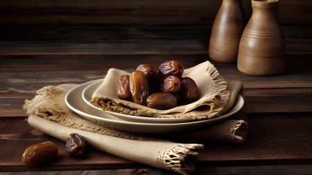 Dates fruits on a plate on a wooden background. Selective focus.の素材