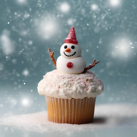 christmas cupcake with snowman and snowfall over blue backgroundの素材