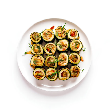 Grilled zucchini with red pepper and rosemary on white plate, top viewの素材