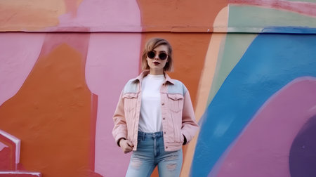 young beautiful hipster woman in pink jacket and blue jeans posing in the city streetsの素材