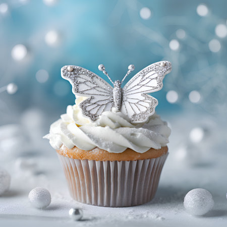 Cupcake with buttercream and silver butterfly on bokeh backgroundの素材