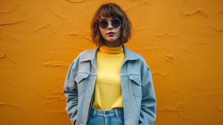 Portrait of a beautiful young woman in sunglasses and a denim jacket on a yellow backgroundの素材