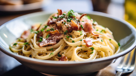 Spaghetti carbonara with bacon and parsley in a bowl.の素材