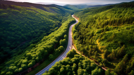 Aerial view of winding road in green forest. Carpathian Mountains, Ukraine.の素材