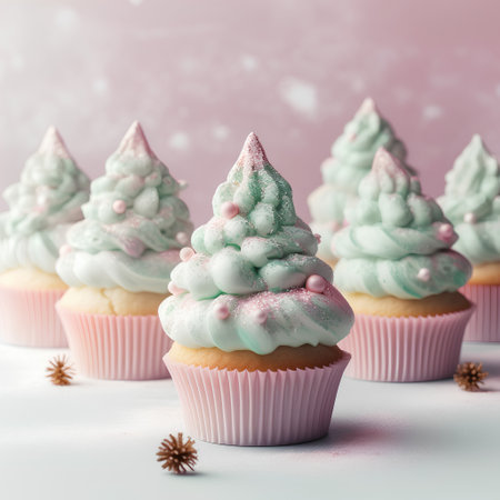 Christmas cupcakes with snowflakes on white background. Toned.の素材