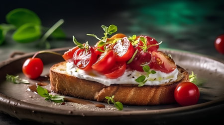 bruschetta with cherry tomatoes and mozzarella cheese on dark backgroundの素材