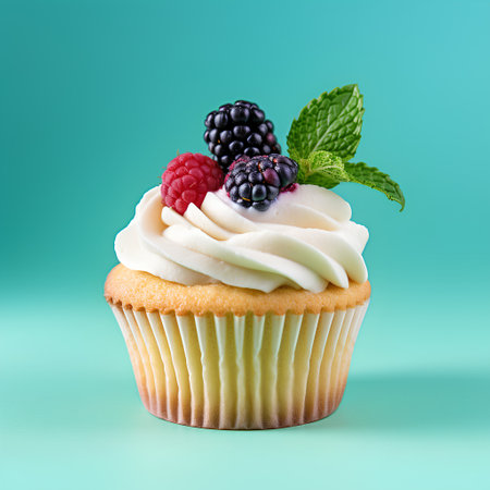 Cupcake with whipped cream and fresh berries on mint green backgroundの素材