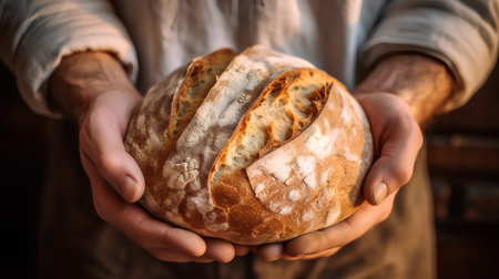Bread in the hands of a man. Close-up.の素材