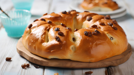 Sweet buns with raisins on a wooden background. Selective focus.の素材