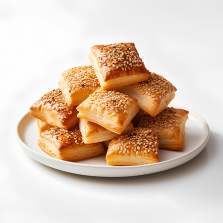 Puff pastry with sesame seeds on a white plate, squareの素材