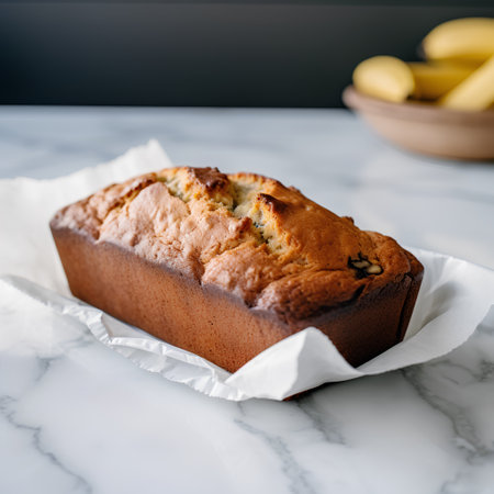 Homemade banana bread with raisins on white marble table.の素材