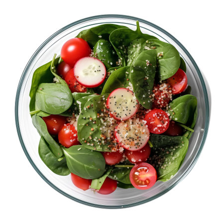 Glass bowl of fresh salad with cherry tomatoes and spinach on white backgroundの素材
