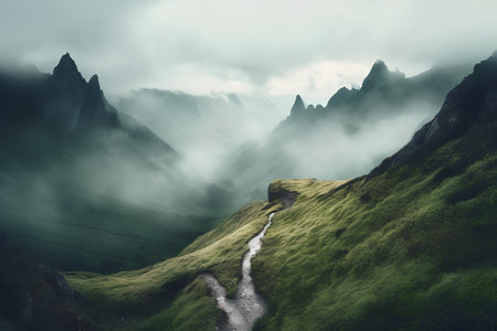 Foggy summer landscape in the mountains with small stream in the valleyの素材