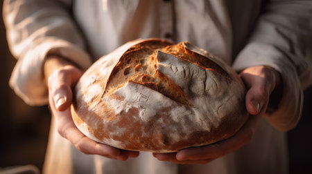 Closeup of a loaf of bread in the hands of a womanの素材