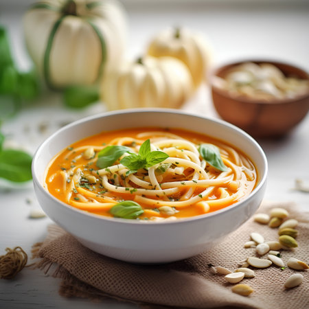 Pumpkin soup with cream and basil in a white bowl, selective focus.の素材