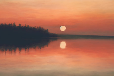 Sunrise over the lake with reflection of trees in water, nature seriesの素材