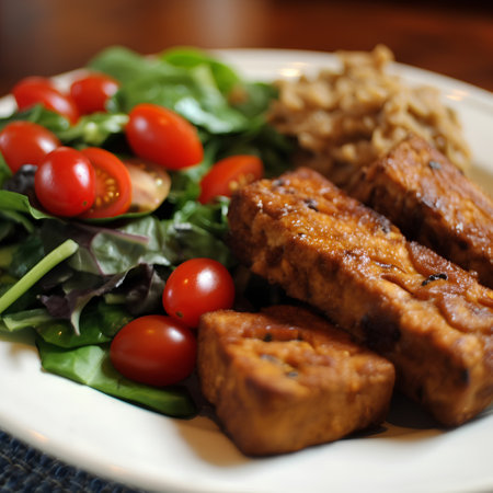 Tofu salad with cherry tomatoes and green salad on a plateの素材
