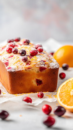 Cake with cranberries and orange on a light background. Selective focus.の素材