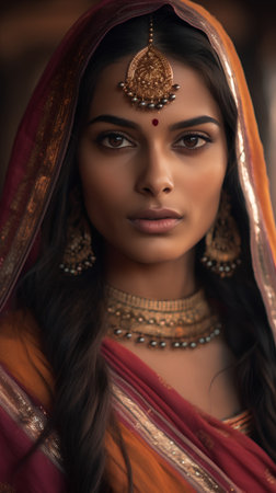 Portrait of a beautiful indian woman in saree and jewelryの素材