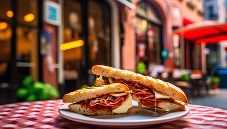 Sandwich with ham and cheese on a table in a cafe.の素材