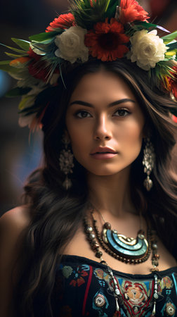 Portrait of a beautiful young woman with a wreath of flowers.の素材