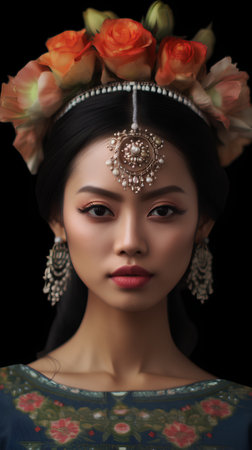 Portrait of beautiful asian woman with flowers in her hair.の素材