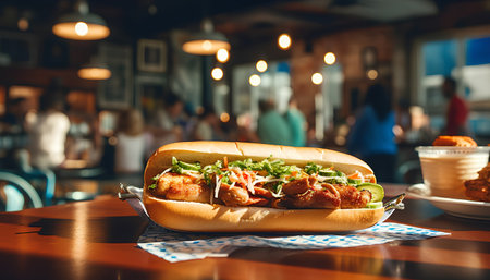 Hot dog in a cafe. Fast food concept. Soft focus.の素材
