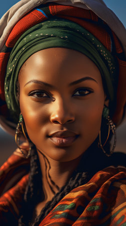 Portrait of a beautiful young African woman in a traditional headdress.の素材
