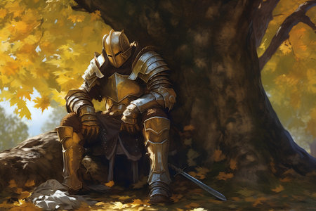 Medieval knight sitting on a stone in the autumn forest. Digital painting.の素材