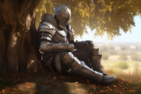 Knight sitting on the ground under a tree. 3d illustration.の素材