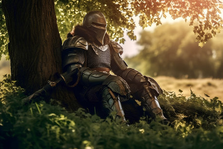 Knight in armor sitting on the grass in the forest at sunset.の素材