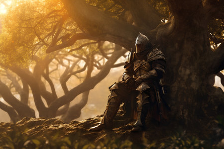 Medieval knight in the forest. 3d render. Fantasy.の素材