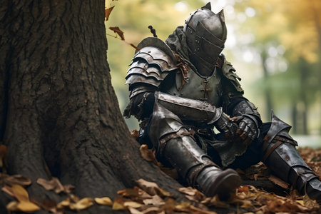Medieval knight in the forest sitting on the ground in armor.の素材
