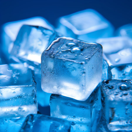 Ice cubes on blue background. Shallow depth of field. Selective focus.の素材