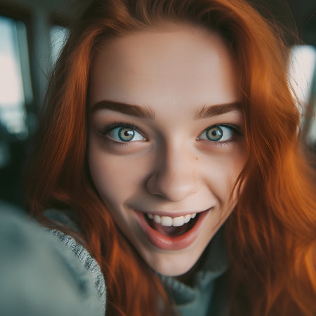 Close-up portrait of a beautiful red-haired girl in a blue sweater and jeans.の素材