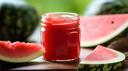 Watermelon jam in a glass jar on a wooden background. Selective focus.の素材